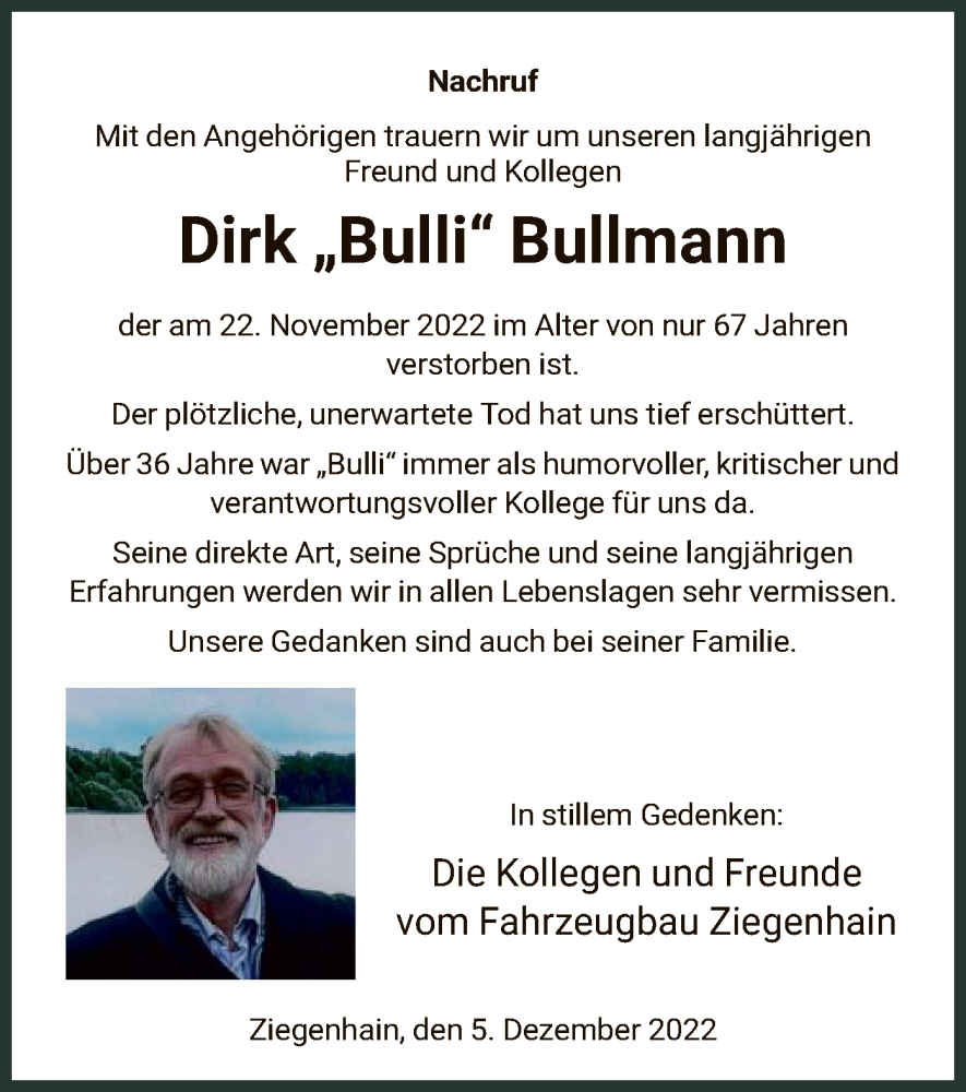  Traueranzeige für Dirk Bullmann vom 05.12.2022 aus HNA