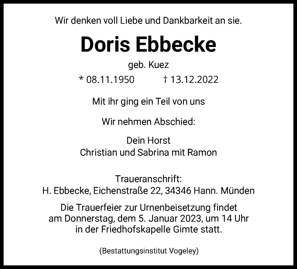  Traueranzeige für Doris Ebbecke vom 31.12.2022 aus HNA