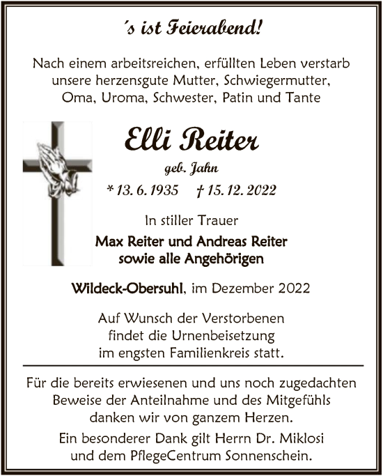 Traueranzeige von Elli Reiter von HNA