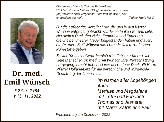 Traueranzeige von Emil Wünsch von HNA