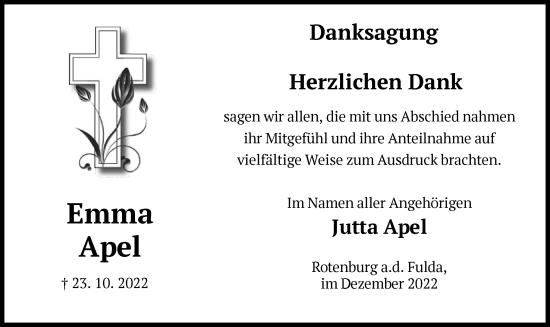 Traueranzeige von Emma Apel von HNA