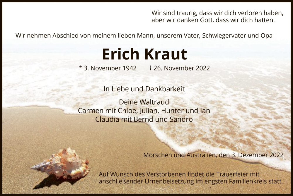  Traueranzeige für Erich Kraut vom 03.12.2022 aus HNA