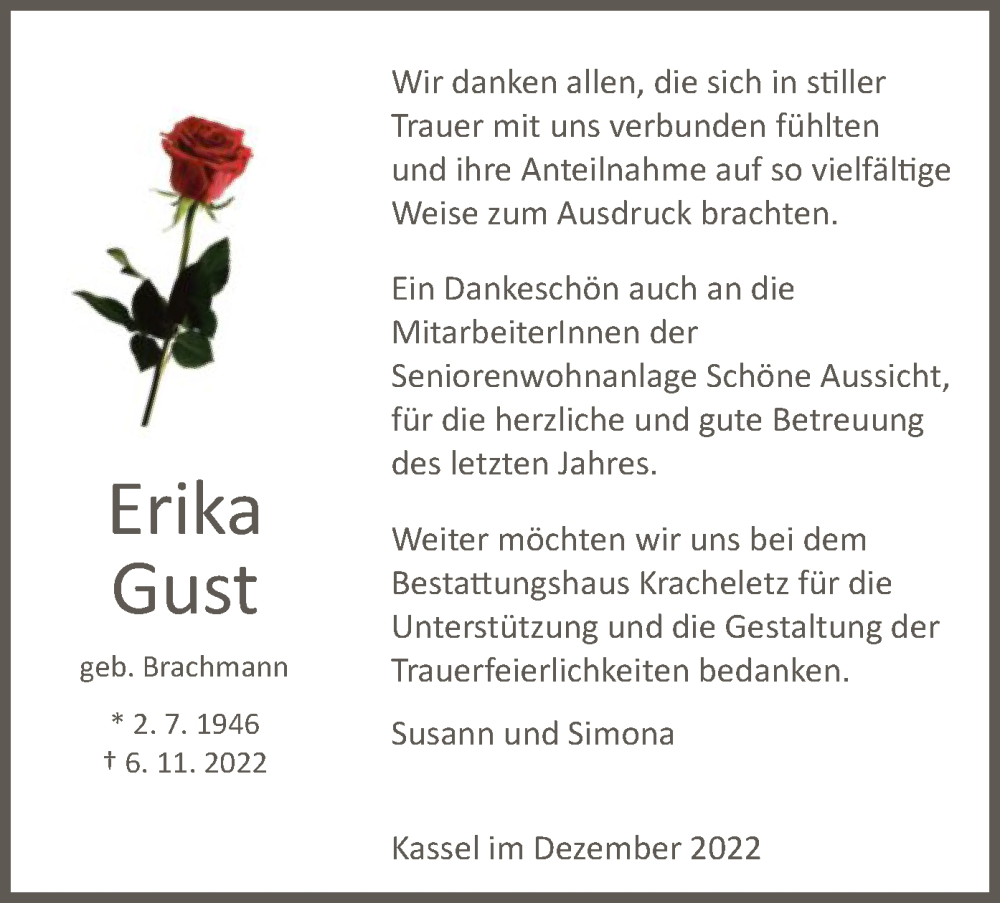  Traueranzeige für Erika Gust vom 03.12.2022 aus HNA