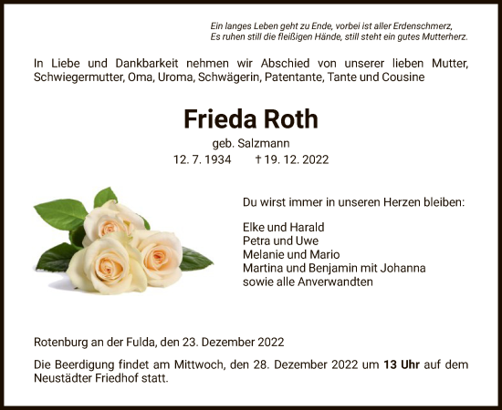 Traueranzeige von Frieda Roth von HNA