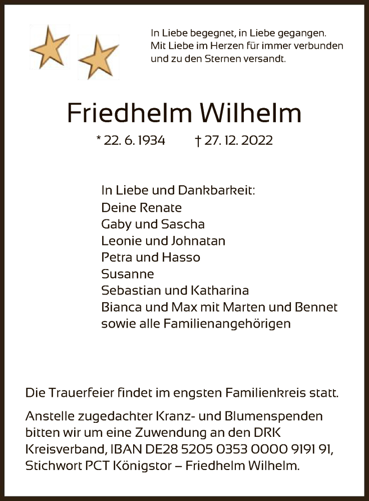  Traueranzeige für Friedhelm Wilhelm vom 31.12.2022 aus HNA
