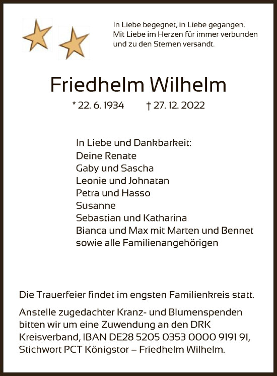 Traueranzeige von Friedhelm Wilhelm von HNA