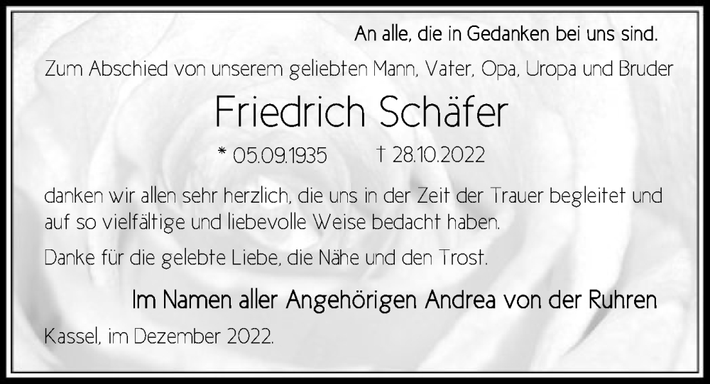  Traueranzeige für Friedrich Schäfer vom 30.12.2022 aus HNA