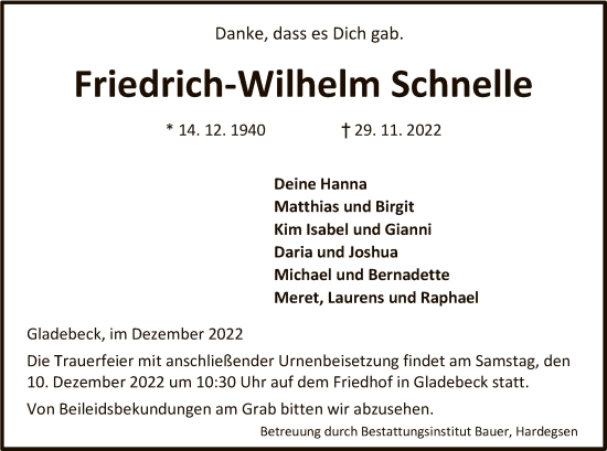 Traueranzeige von Friedrich-Wilhelm Schnelle von HNA