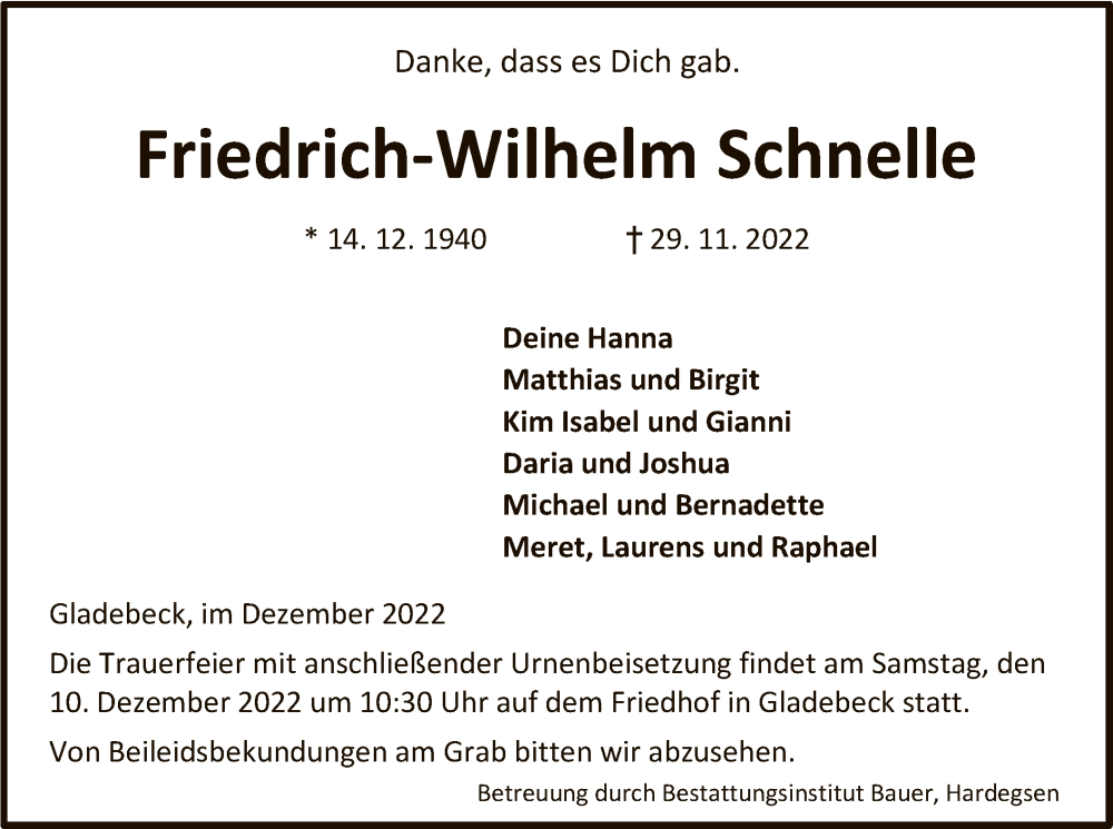  Traueranzeige für Friedrich-Wilhelm Schnelle vom 03.12.2022 aus HNA