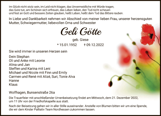 Traueranzeige von Geli Götte von HNA