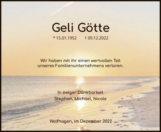 Traueranzeige von Geli Götte von HNA