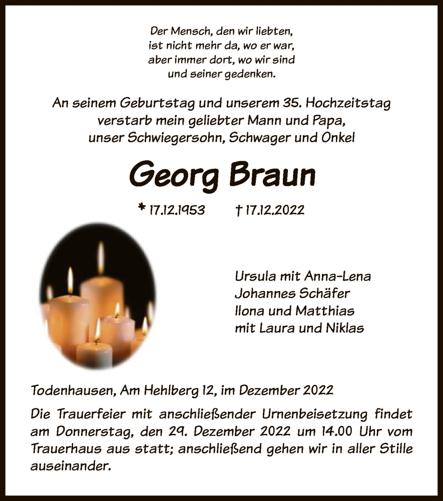  Traueranzeige für Georg Braun vom 24.12.2022 aus HNA