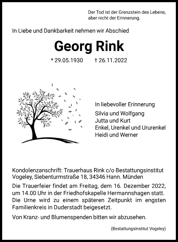  Traueranzeige für Georg Rink vom 10.12.2022 aus HNA