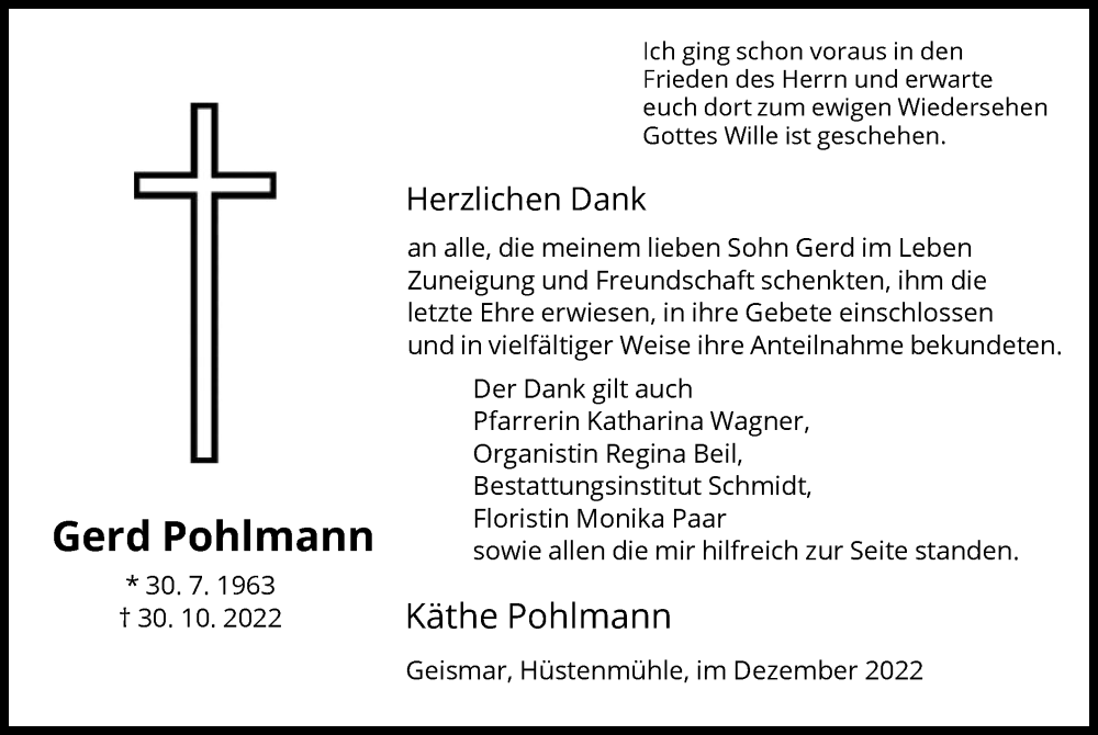  Traueranzeige für Gerd Pohlmann vom 15.12.2022 aus HNA