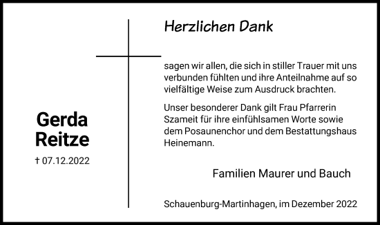 Traueranzeige von Gerda Reitze von HNA