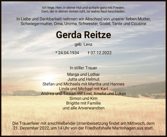 Traueranzeige von Gerda Reitze von HNA