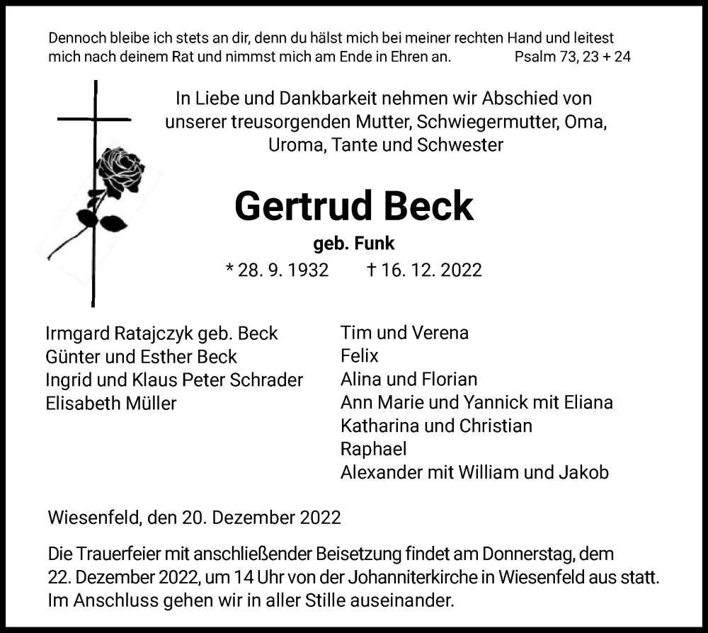  Traueranzeige für Gertrud Beck vom 20.12.2022 aus HNA