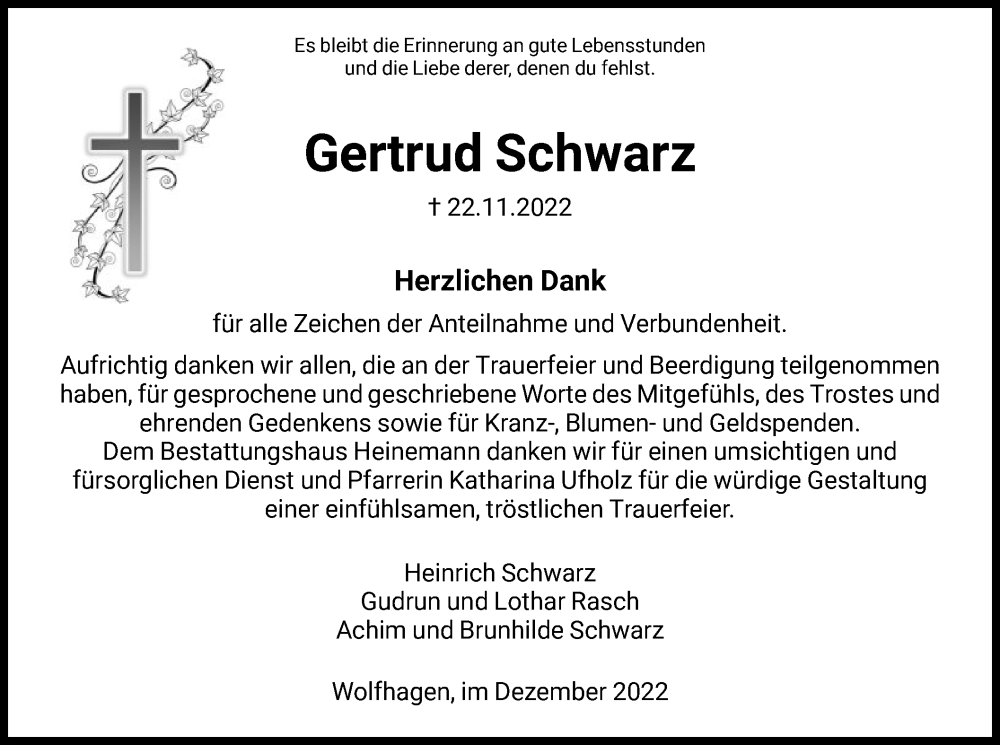 Traueranzeige für Gertrud Schwarz vom 17.12.2022 aus HNA