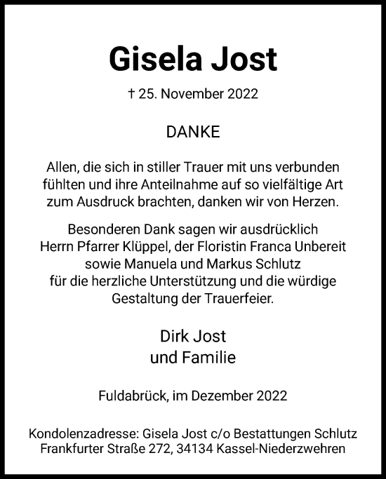 Traueranzeige von Gisela Jost von HNA