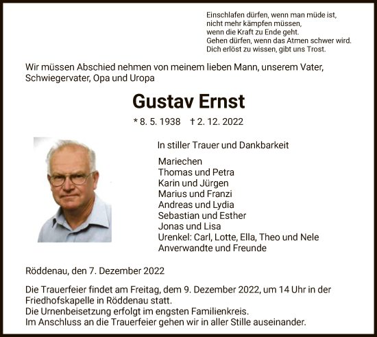 Traueranzeige von Gustav Ernst von HNA
