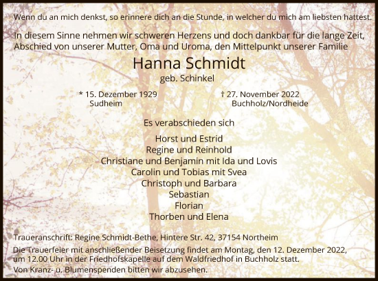 Traueranzeige von Hanna Schmidt von HNA