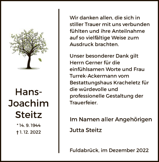 Traueranzeige von Hans-Joachim Steitz von HNA