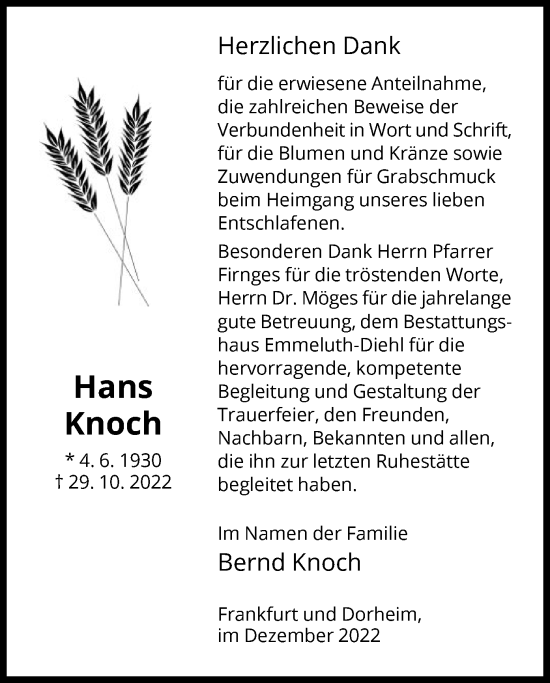 Traueranzeige von Hans Knoch von HNA