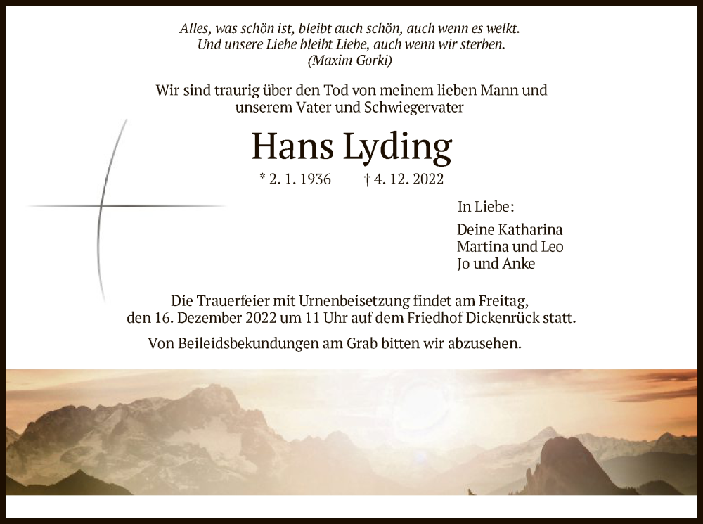  Traueranzeige für Hans Lyding vom 13.12.2022 aus HNA