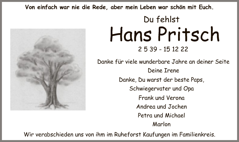  Traueranzeige für Hans Pritsch vom 24.12.2022 aus HNA