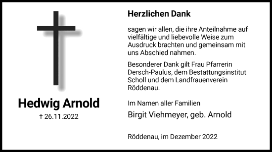 Traueranzeige von Hedwig Arnold von HNA