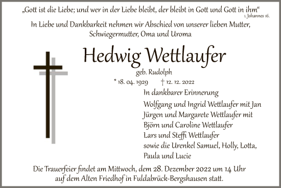 Traueranzeige von Hedwig Wettlaufer von HNA