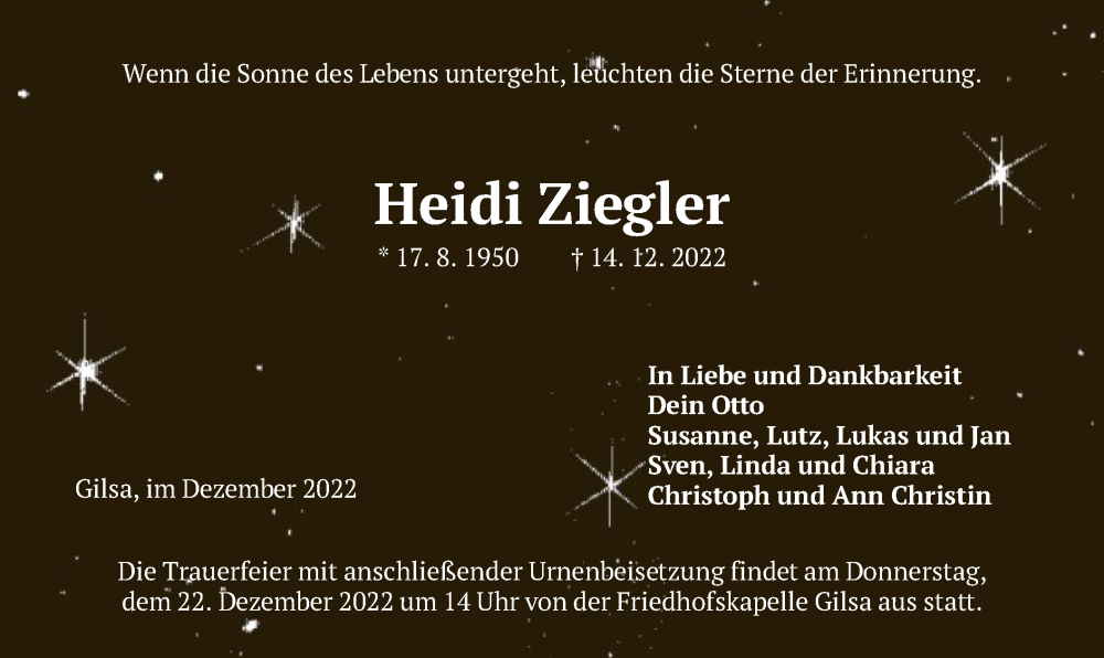  Traueranzeige für Heidi Ziegler vom 17.12.2022 aus HNA