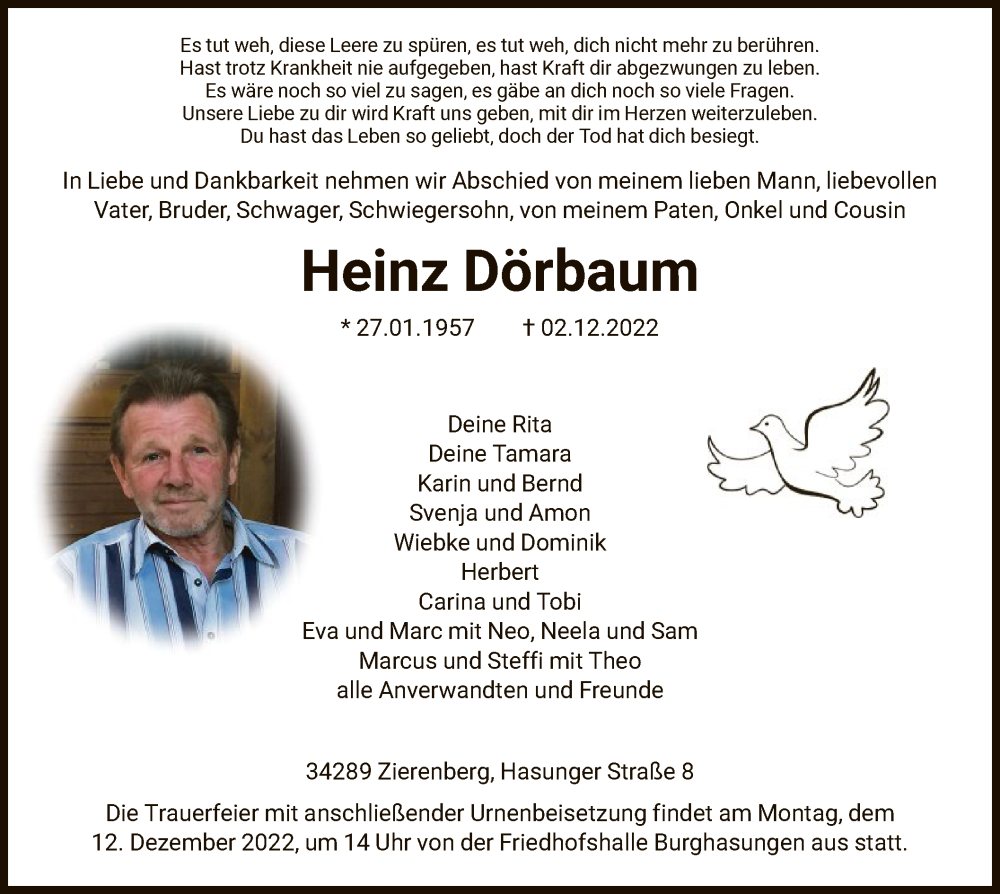  Traueranzeige für Heinz Dörbaum vom 07.12.2022 aus HNA