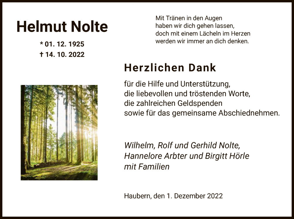  Traueranzeige für Helmut Nolte vom 01.12.2022 aus HNA