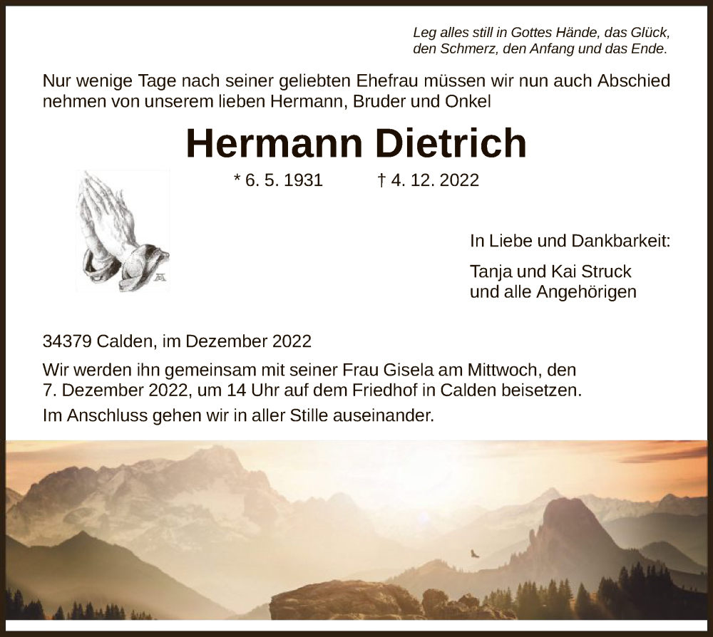  Traueranzeige für Hermann Dietrich vom 06.12.2022 aus HNA