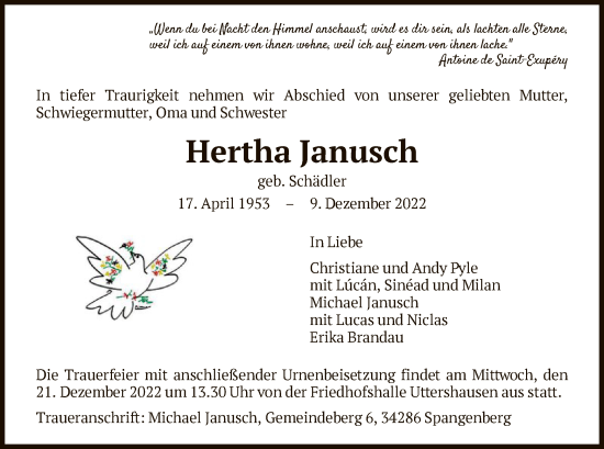 Traueranzeige von Hertha Janusch von HNA