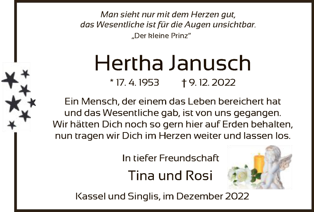  Traueranzeige für Hertha Janusch vom 17.12.2022 aus HNA