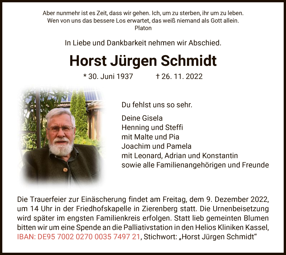  Traueranzeige für Horst Jürgen Schmidt vom 07.12.2022 aus HNA