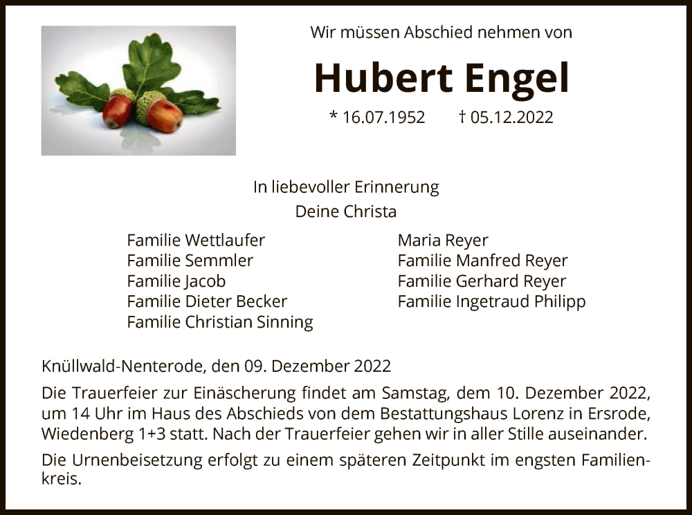  Traueranzeige für Hubert Engel vom 09.12.2022 aus HNA