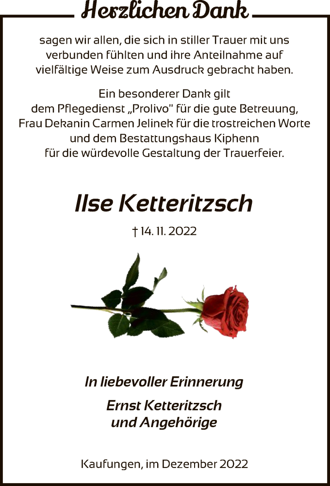  Traueranzeige für Ilse Ketteritzsch vom 21.12.2022 aus HNA