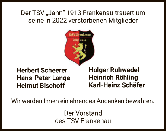 Traueranzeige von Im Gedenken TSV „Jahn“ 1913 Frankenau von HNA