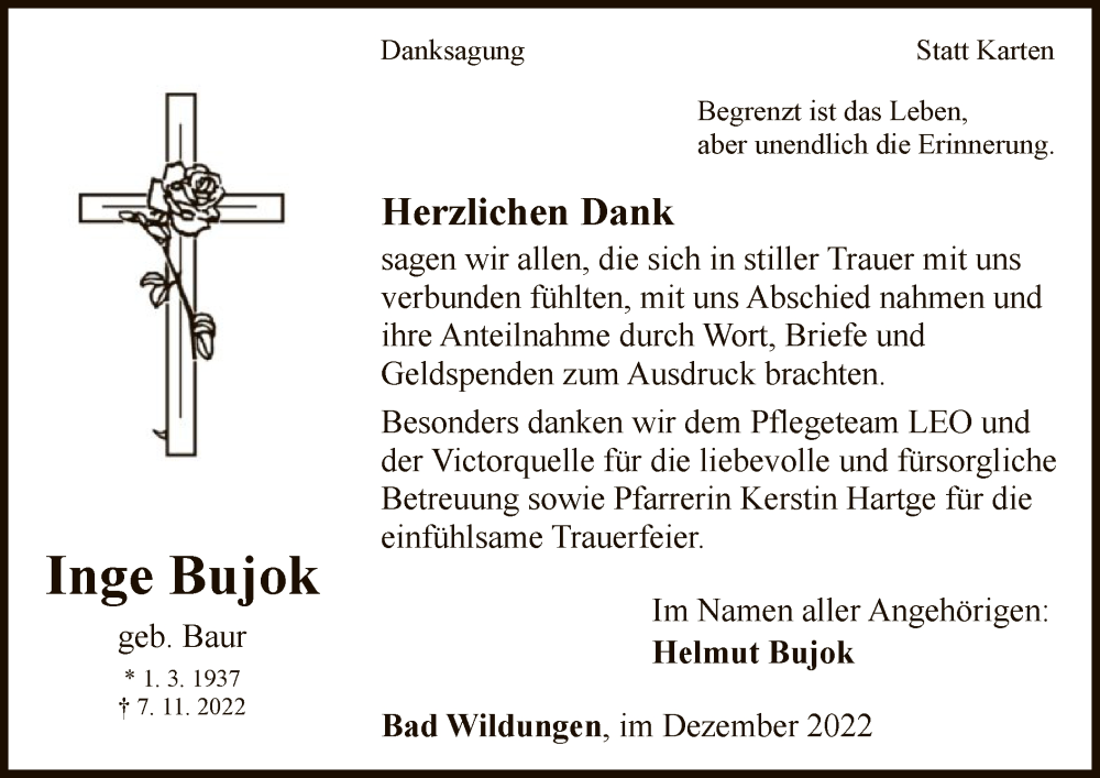  Traueranzeige für Inge Bujok vom 10.12.2022 aus WLZ