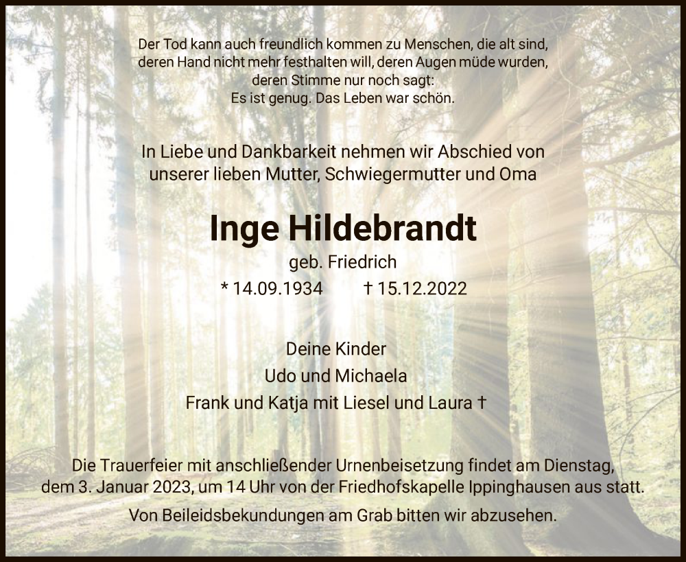  Traueranzeige für Inge Hildebrandt vom 24.12.2022 aus HNA