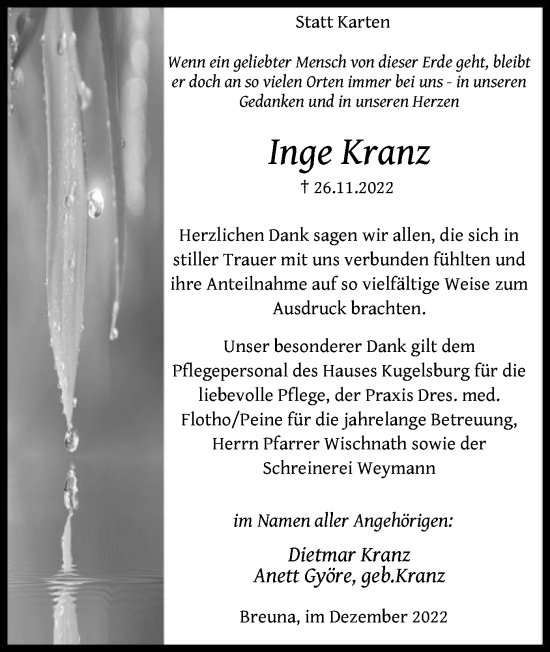 Traueranzeige von Inge Kranz von HNA