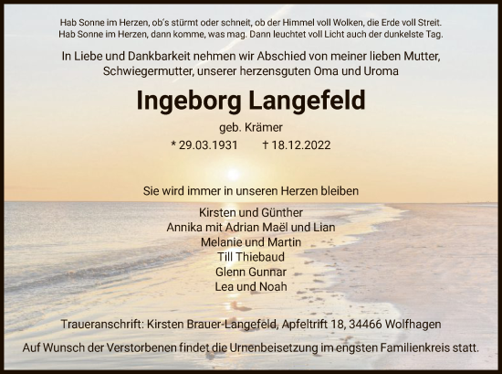 Traueranzeige von Ingeborg Langefeld von HNA