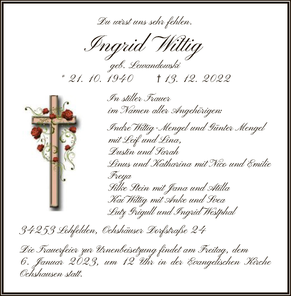 Traueranzeige für Ingrid Wittig vom 24.12.2022 aus HNA