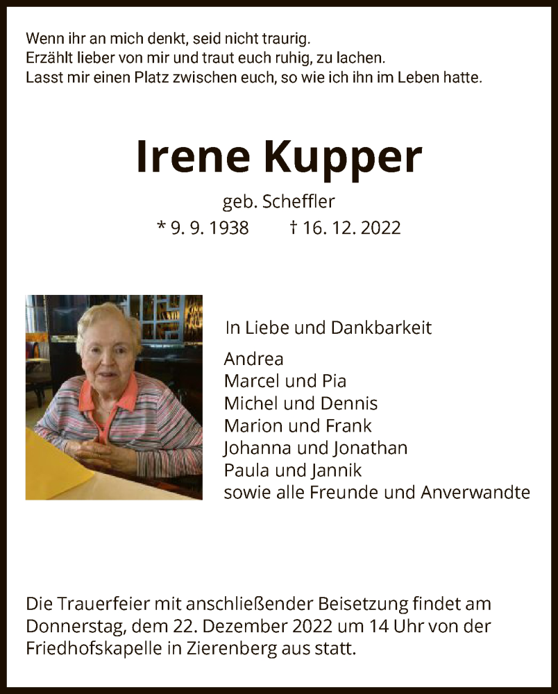  Traueranzeige für Irene Kupper vom 20.12.2022 aus HNA
