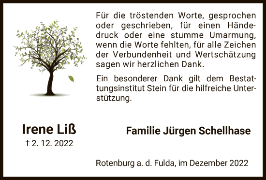 Traueranzeige von Irene Liß von HNA