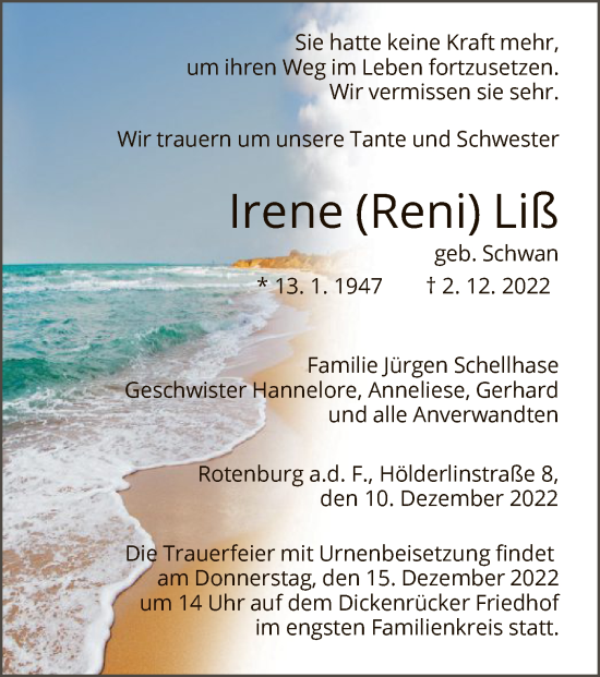 Traueranzeige von Irene Liß von HNA