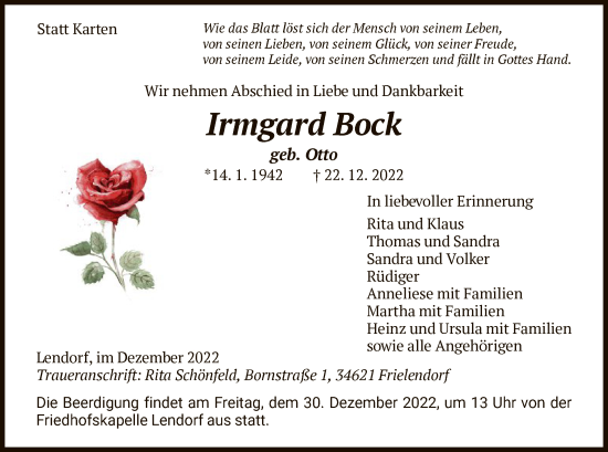 Traueranzeige von Irmgard Bock von HNA